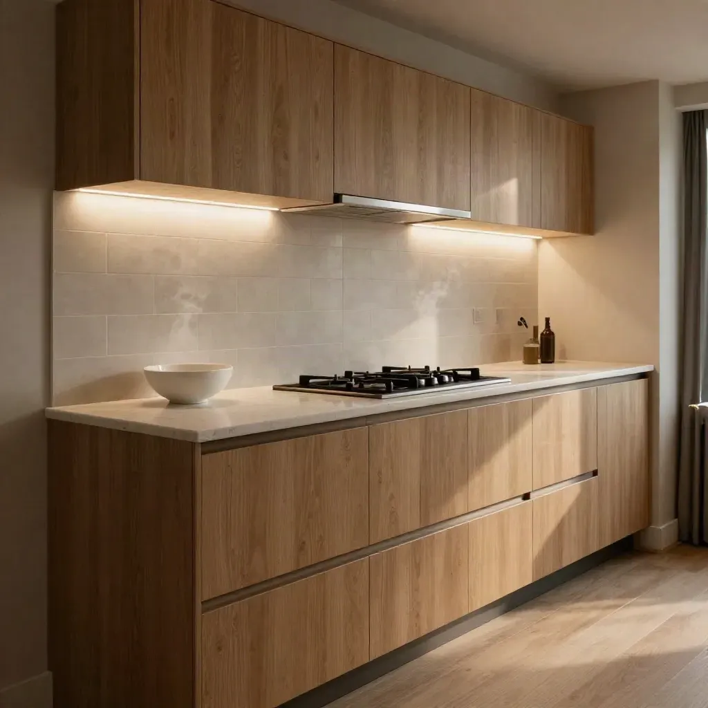 Gerenoveerde keuken met eiken fronten, kwartsblad, kookplaat en witte accenten in warm avondlicht.