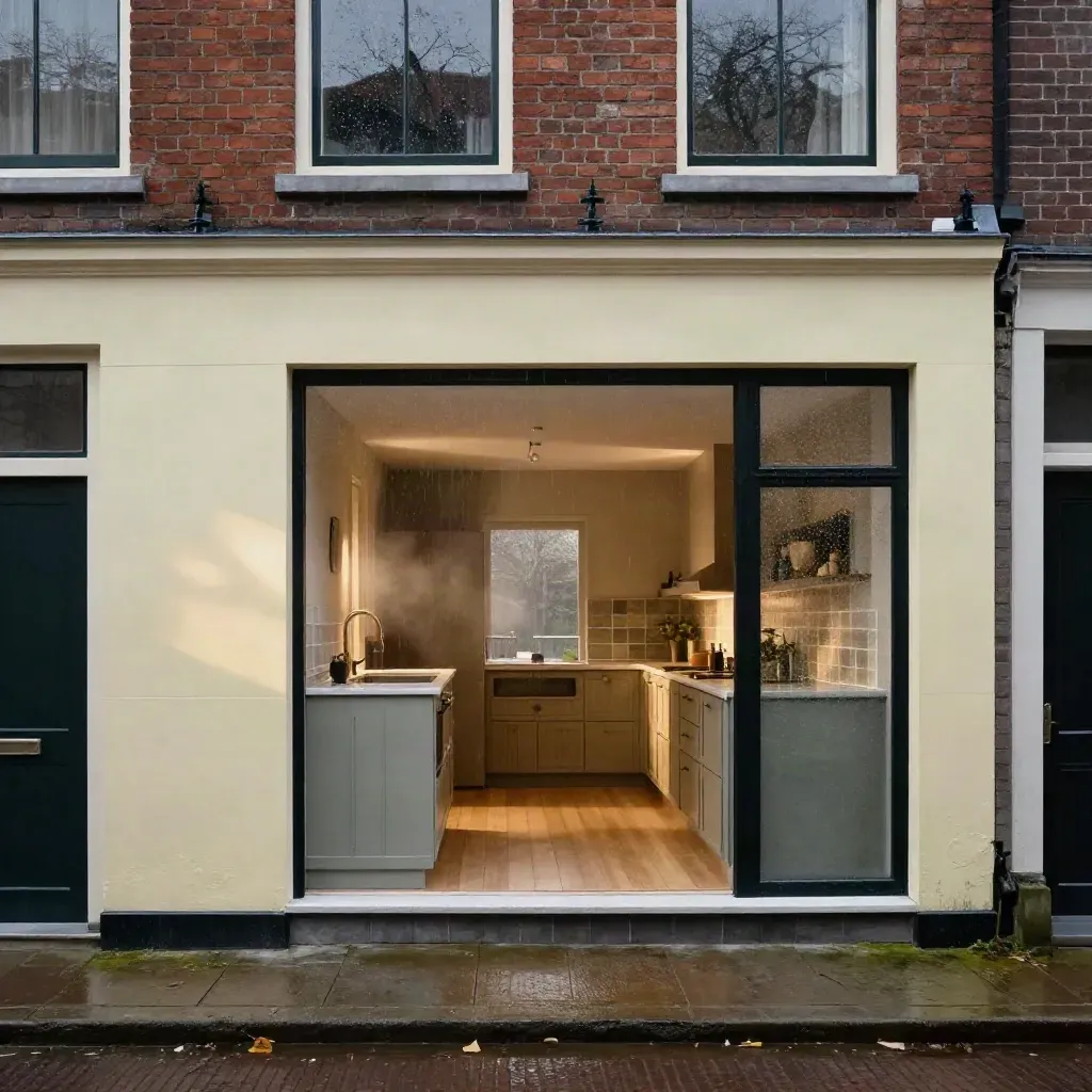 Gerenoveerde uitbouw van een rijtjeshuis met keuken, baksteen en regen op het glas