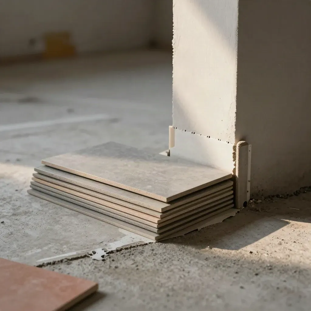Macro van renovatievloer met beschermfolie, gipsplaten, tegelstalen en hoekbeschermers.