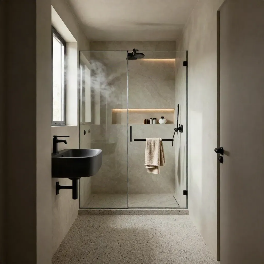 Compacte vernieuwde badkamer met terrazzo vloer, matzwarte kranen en verlichte nis in ochtendlicht.