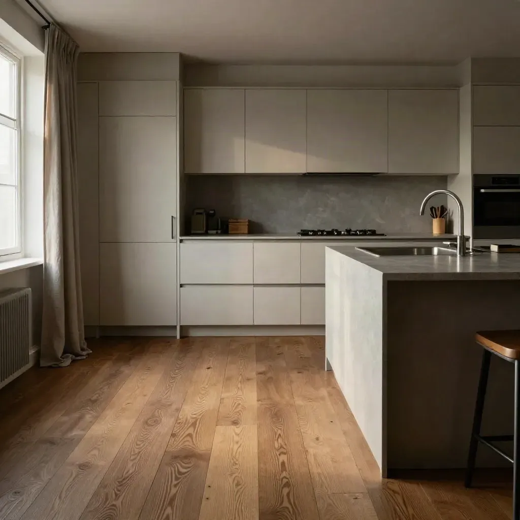 Nieuwe keuken met eiken vloer en stenen eiland in Haarlem, warm daglicht.