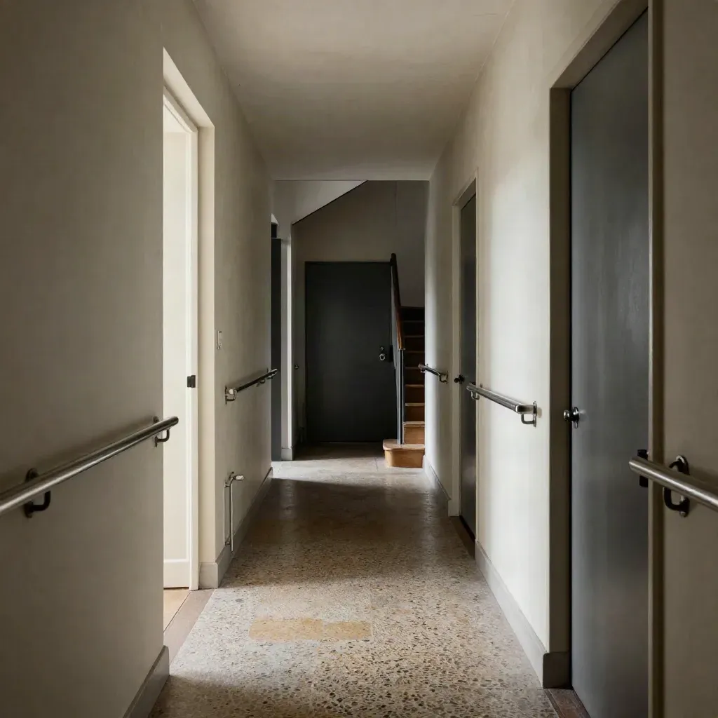 Opgeknapte hal van een appartementencomplex met terrazzo, strakke leuningen en frisse kozijnen.