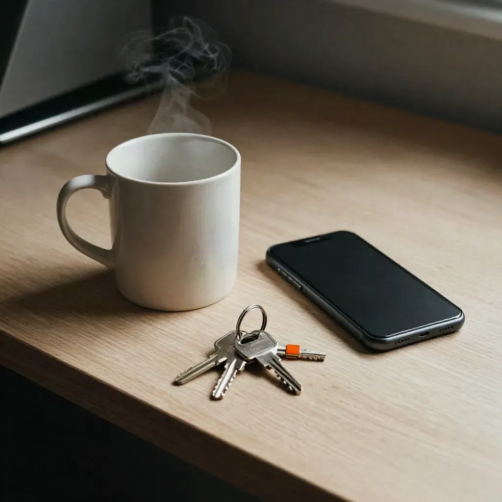 Bovenaanzicht van mok, telefoon en sleutels op een eiken balie met zacht daglicht.