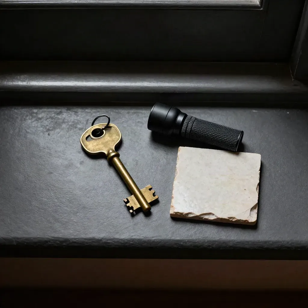 Sleutel, zaklamp en steentegel op een donkere dorpel voor een eerste opname.