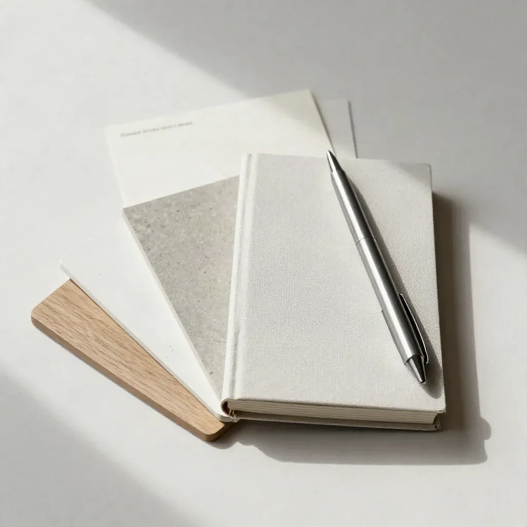 Offerteplanning met stalen, sampleboek en metalen pen op lichte plaat.