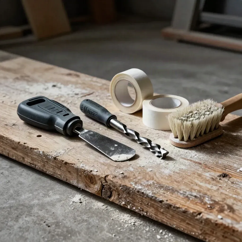 Drillbit-case, scraper, tape en stofborstel op ruwe houtplank met bouwstof.