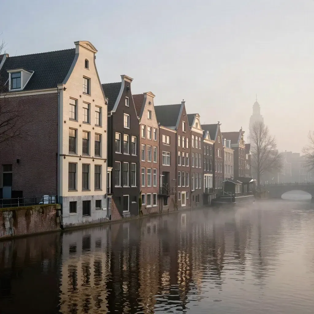 Amsterdamse grachtenpanden en een toren in ochtendmist boven rustig water