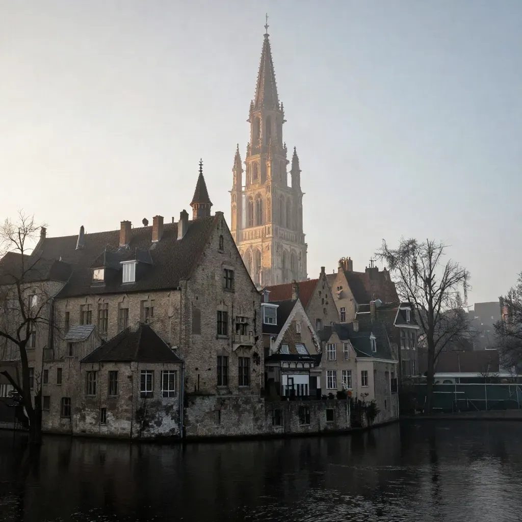 Domtoren boven Utrechtse grachten in mistig ochtendlicht