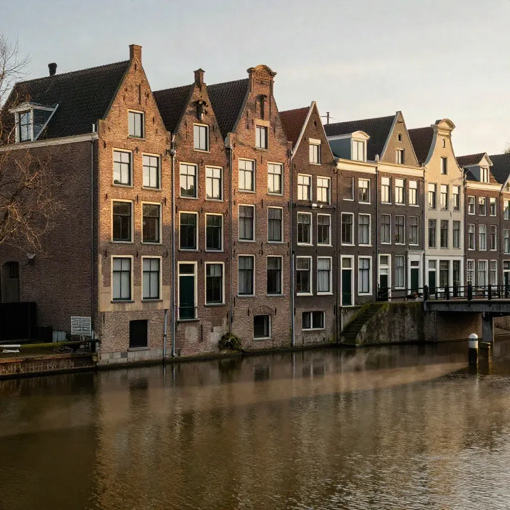 Haarlemse grachten en gevels in gouden avondlicht boven rustig water
